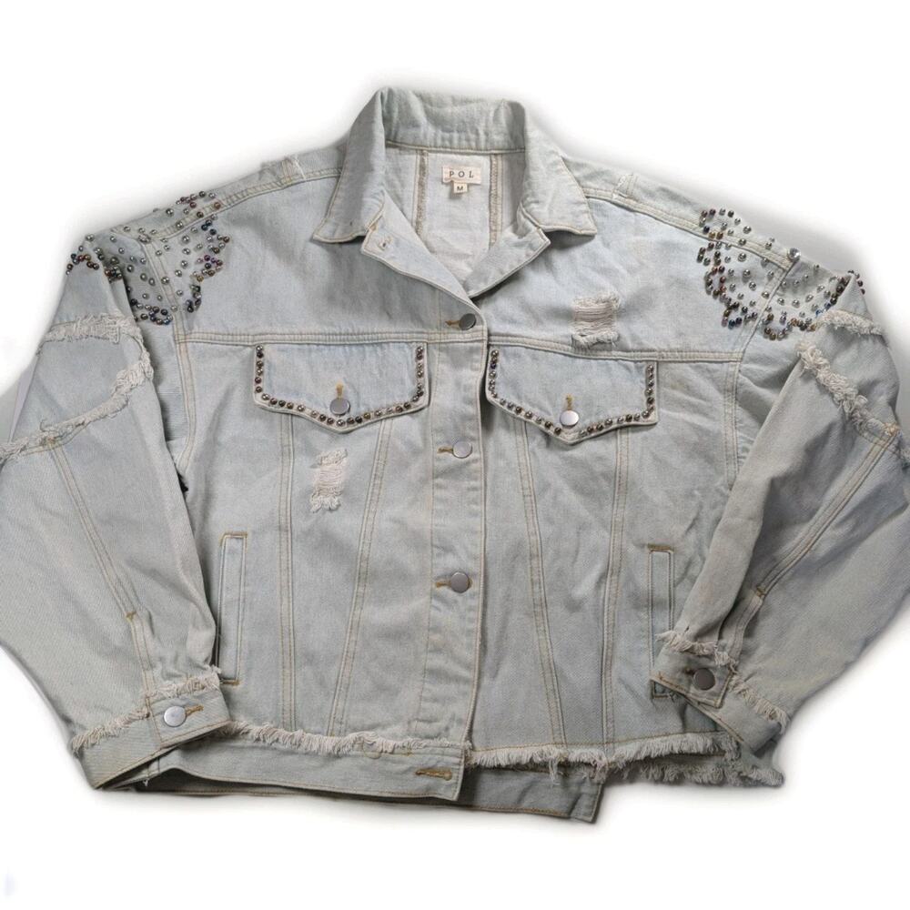 POL Studded Distressed Denim Jacket Women M Cropped Asymmetrical Raw Hem